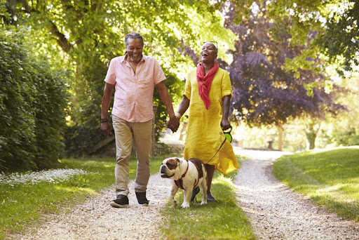 Happy couple walking down a country road with their bulldog. Crypto Crash